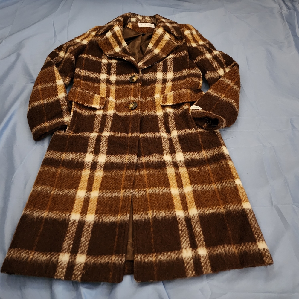 CALVIN KLEIN WOMEN'S WOOL PLAID SINGLE-BREASTED WALKER COAT BROWN SZ 10 IS USED